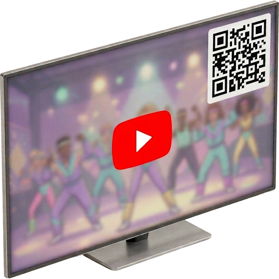 Televisor en bar mostrando código QR de RocolaQR con YouTube